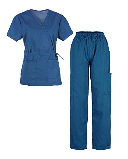 G Med Women's Mock Wrap Back Tie Top and Pants Fashion Scrub Set