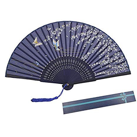 KAKOO Silk Folding Fan Bamboo Ribs Japanese Style Sakura and Butterflies Pattern Design Hand Held Fans for Dancing Cosplay Wedding Party Props Home Office Wall DIY Decoration Blue