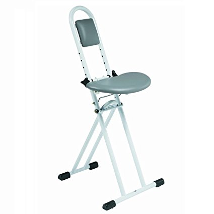 Folding perching / ironing stool with padded adjustable height seat