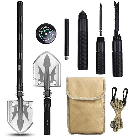 AcTopp Camping Shovel Survival Shovel Compact Military Folding Shovel Kit Multifunctional Outdoor Shovel with Camping Knife Fire Starter Compass Screwdriver Military Emergency Shovel Snow Shovel