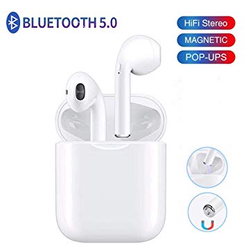 Bluetooth Headphones, Bluetooth 5.0 Wireless Earbuds, Noise Canceling 3D Stereo Sports Headset, Pop-ups Auto Pairing 12 Hrs Charging Case for iPhone/Samsung Android Apple Airpods (White)