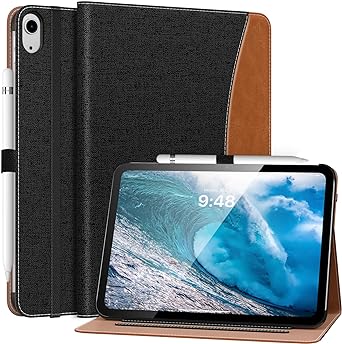 MoKo for iPad 10th Generation Case iPad 10.9 Inch Case 2022, iPad Case 10th Generation [Multi-Angle Viewing] Smart Cover with Hand Strap, Support Touch ID&Auto Wake/Sleep, Demin Black/Brown