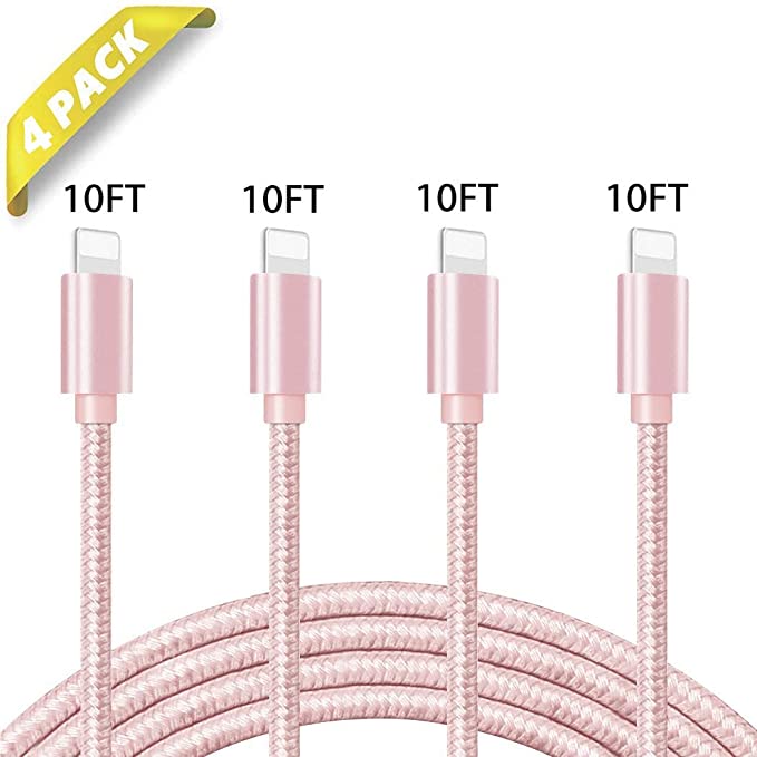 Phone Charger 【4Pack】 10FT Nylon Braided USB Charging & Syncing Cable Compatible with Phone 11 Pro Max 11 Pro 11 XS MAX XR X 8 8 Plus 7 7 Plus 6s 6s Plus 6 6 Plus and More (Pink)