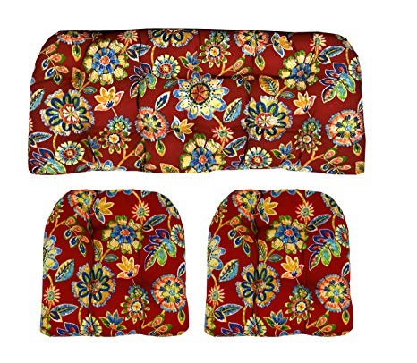RSH Décor Indoor/Outdoor Wicker Cushions Two U-Shape and Loveseat 3 Piece Set Daelyn Cherry Red with Blue Yellow, Green Floral