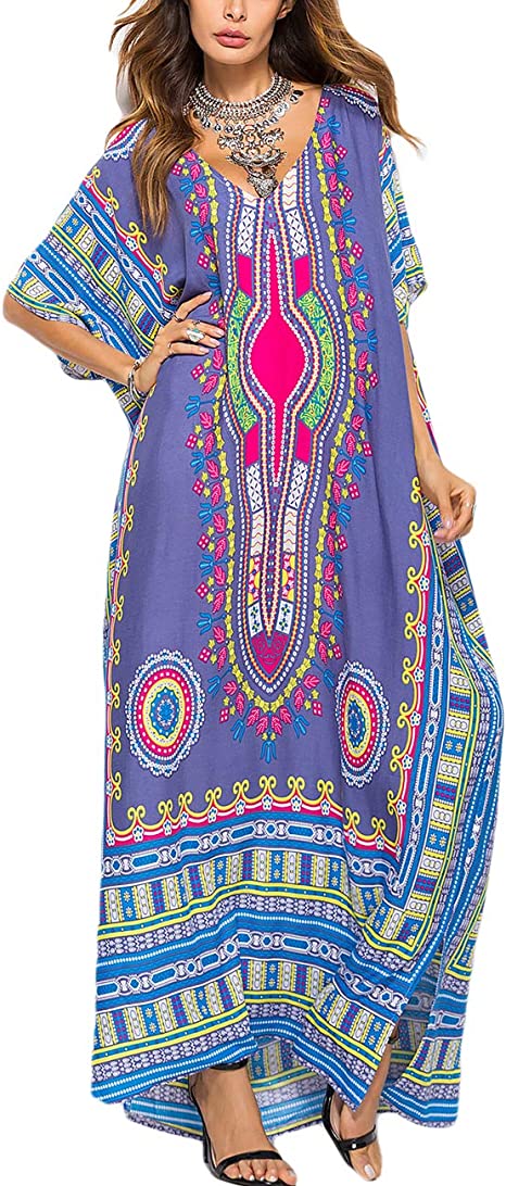 Bsubseach Women Bathing Suit Cover Up Ethnic Print Kaftan Beach Maxi Dresses