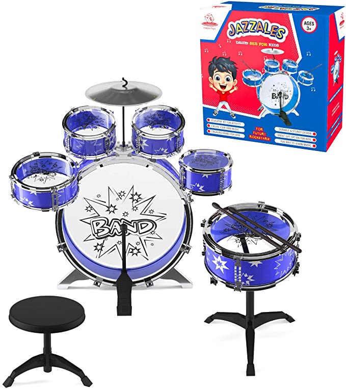 EMAAS 12 Piece Jazz Drum Set for Kids – 6 Drums, 2 Drumsticks, Kick Pedal, Cymbal Chair, Stool – Ideal Gift for Kids, Boys and Girls – Stimulates Musical Talent Imagination and Creativity
