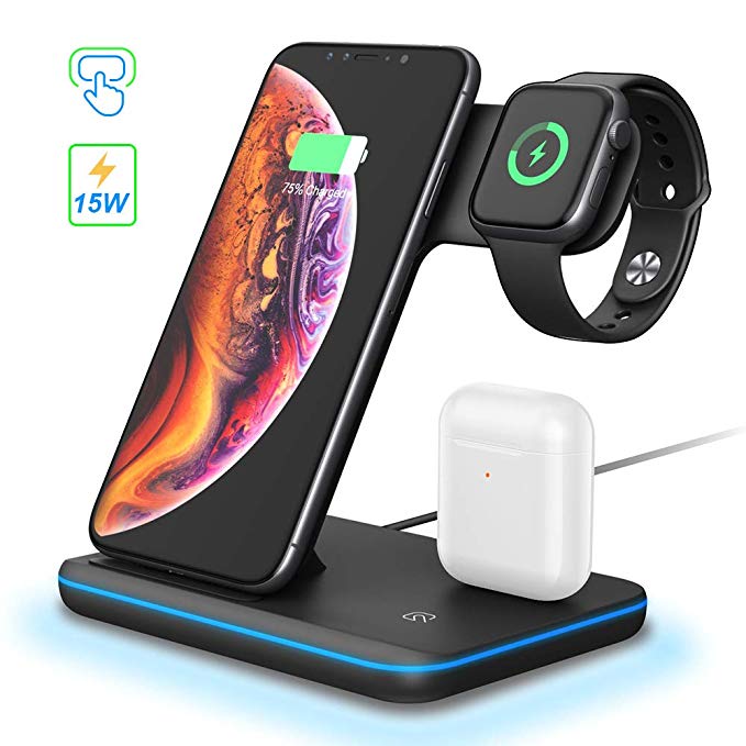 POWERGIANT 3 in 1 Wireless Charger, 15W Qi Fast Fast Wireless Charger Station Compatible with Airpods Pro 2 1 iWatch 5 4 3 2 1 iPhone 11 Xs Max Xr X 8 Plus Samsung S10 S9 S8