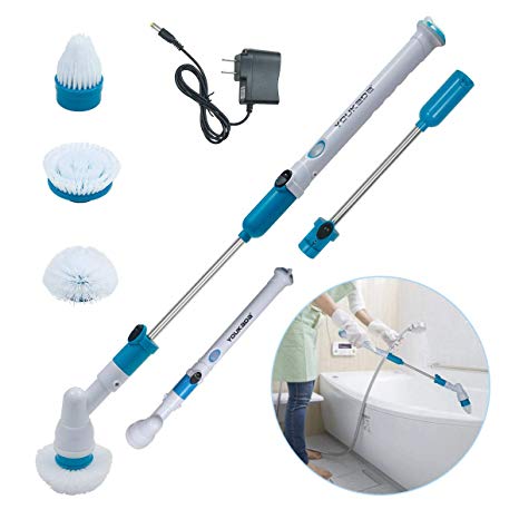 YOUKADA Electric 360° Cordless Power Scrubber Spin Cleaning Brush Tool | Multi-Purpose Surface Scrubber and Cleaner with 3 Interchangeable Brushes for Bathroom Swimming Pool Wall and Floor Outdoors Indoors