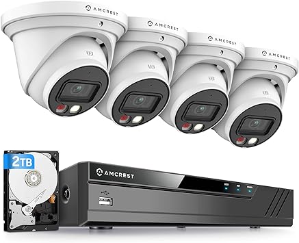 Amcrest 5MP Security Camera System, 4K 8CH PoE NVR, (4) x 5-Megapixel Night Color Turret POE IP Cameras, Active Deterrent, Pre-Installed 2TB Hard Drive, NV4108E-T1277EW4-2TB (White)