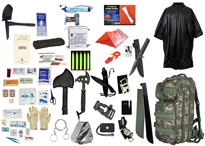 2 Person Supply 3 Day Emergency Bug Out S.O.S. Food Rations, Drinking Water, LifeStraw Personal Filter, First Aid Kit, Tent, Blanket, Woodland Backpack, Poncho   Essential 21 Piece Survival Gear Set