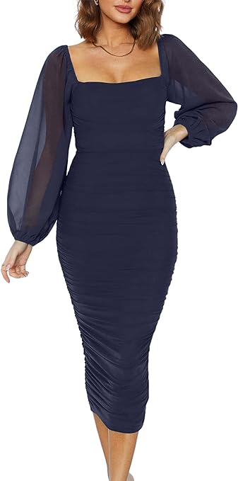 MASCOMODA Women's 2024 Long Puff Sleeve Ruched Midi Bodycon Dress Sexy Mesh Wedding Guest Party Cocktail Dresses