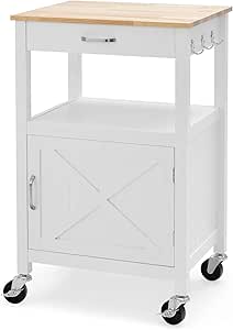 Giantex Kitchen Cart with Storage, Small Kitchen Island on Wheels w/Drawer, 3 Hooks, Rolling Trolley w/Wood Butcher Countertop, Door Cabinet, Serving Utility Cart for Dining Room