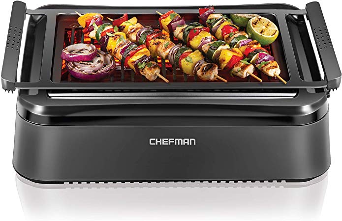 Chefman Electric Smokeless Indoor Infrared Instant Heating Technology Adjustable Temperature Knob for Customized BBQ Grilling, Dishwasher-Safe Non-Stick Grate and Drip Tray, Black