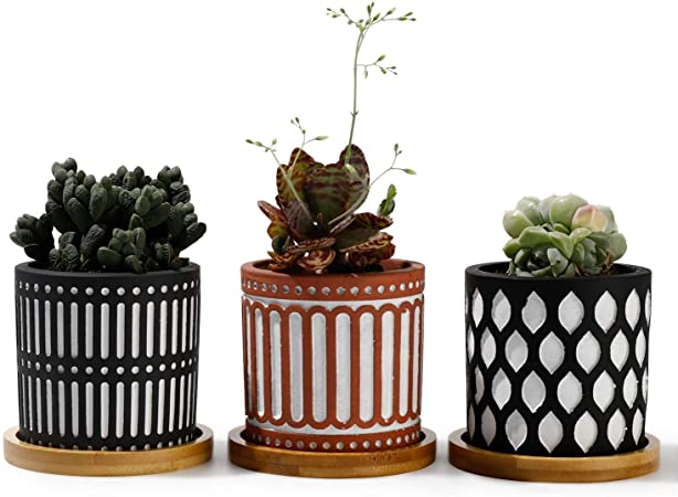 POTEY 054401 Cement Small Plant Pots - Concrete 3.1 Inch Succulent Planters Indoor with Drainage Holes & Bamboo Saucer for Small Plants Succulent Cactus (Set of 3, Plant NOT Included)