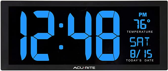 AcuRite 75152M Oversized Blue Led Clock with Indoor Temperature, Date & Fold-Out Stand, 14.5"