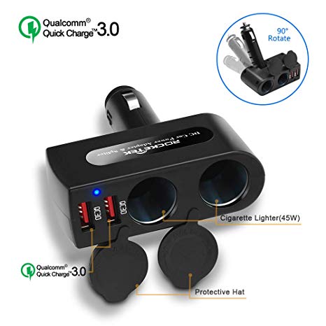 Rocketek 2 USB 2 Socket Car Cigarette Lighter Adapter Combine Dual 12V/24V DC Outlet Car Splitter and Dual USB QC3.0 Car Charger Adapter, The Car Socket and Car USB Support up to 90W / 4 Devices