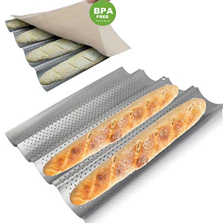 Walfos Baguette Pan Set-Food Grade Nonstick Coating Perforated Baguette Bread Pans for French Bread Baking 4 Loaves, with Professional Bakers Couche Proofing Cloth