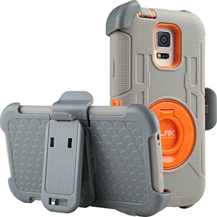 Galaxy S5 Case, ULAK Knox Armor Hybrid Rugged Heavy Duty Shockproof Protection Holster Case for Samsung Galaxy S5 with Built-in Rotating Stand and Belt Swivel Clip - [Orange/Gray]