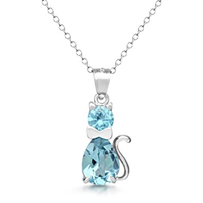 Sterling Silver Simulated Birthstone CZ Fancy Cat Pendant Charm Necklace - Adjustable Chain - All Birthstones