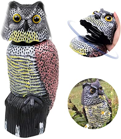 Owl Decoy 360 Rotate Head, Scarecrow Fake Owls Natural Enemy Bird Deterrent Realistic Eyes & Waterproof Shape Owls to Scare Squirrels/Rabbits/Birds Away