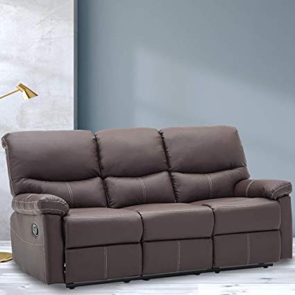 Reclining Sofa PU Leather Sofa Recliner Couch Recliner Sofa Manual (3 Seater) for Living Room Brown