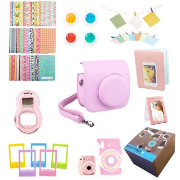 9 Piece Gift set Box Fujifilm Instax Mini 8 Accessories Bundle Mini 8 Camera PINK Accessories Kit Includes, Mini 8 Case/2 Albums, Selfie Lens, 4 Colored Filters, 10 Wall Hang Frames,60 Stickers & More