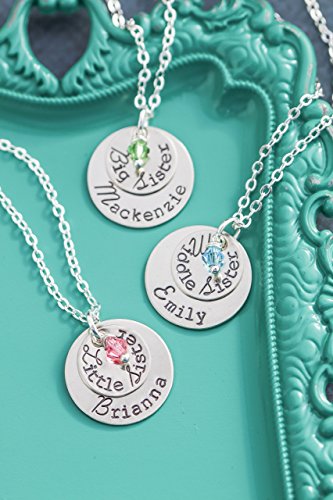 Personalized Big Sister Necklace – DII AAA - Little Middle Gift – 1/2 Inch 3/4 Inch 12.7MM 19.05MM Silver Discs – Choose Birthstone Color – Personalized Name - Fast 1 Day Shipping