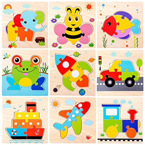 Wooden Jigsaw Puzzles for Toddlers Age 2 3 4 5 Year Old |Preschool Animals Airplane Train Floor Puzzles Set for Kids Children |Shape Color Learning Educational Puzzles Toys for Boys and Girls (9pcs)