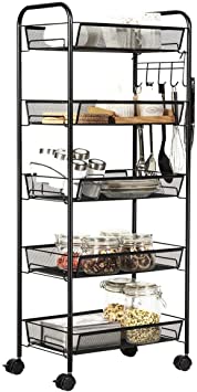 JANE EYRE 5-Tier Rolling Storage Rack Cart Organizer, Utility Mobile Metal Mesh Trolley with Wire Basket Shelving, Cart on Wheels for Kitchen Office Bathroom, Black