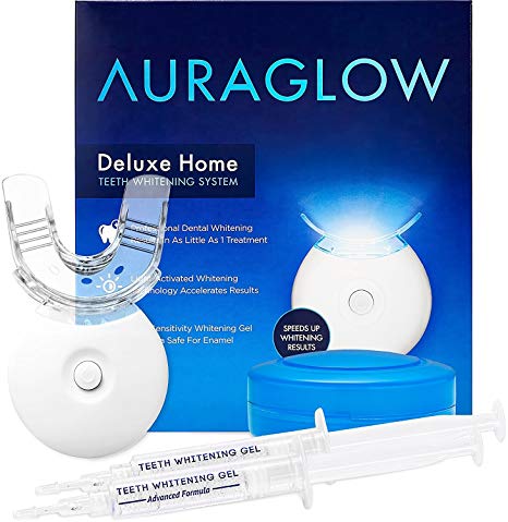 AuraGlow Teeth Whitening LED Light Kit, 35% Carbamide Peroxide, (2) 5ml Gel Syringes, Mouth Tray and Case