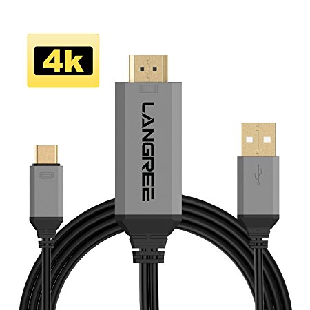 LANGREE New USB Type C to HDMI Adapter Cable(6ft/1.8m), Thunderbolt 3 to HDMI Cable Supports 1080P 4K@30Hz , With Built-in USB DC cable for Macbook2015/6/7, HTC M10, Lenovo Yoga5 Pro and more