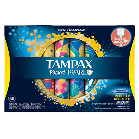 Tampax Pocket Pearl Compact Plastic Regular Absorbency Tampons, Unscented, 36 Count