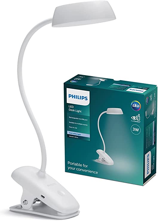 Philips LED Donutclip Adjustable 3W Light with USB [Cool White - White] for Home Indoor Lighting, Reading, Study, Work and Bedroom