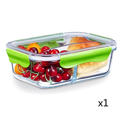 SELEWARE 2-Compartment Glass Food Storage Containers with Tritan Snap Locking Lids, BPA-Free, Airtight, Leak-proof, Microwave, Oven, Freezer, Dishwasher Safe,(53.3oz, Rectangle, Green)