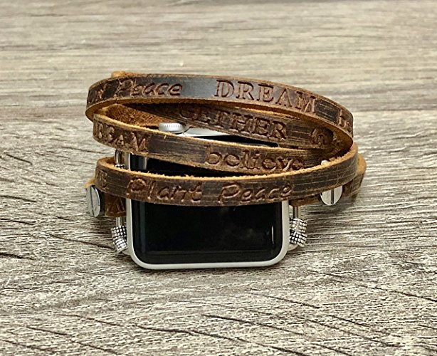 Brown Leather Strap For Apple Watch Series 1 2 & 3 (38mm Size) Handcrafted Multi Wrap Adjustable Size Bracelet 925 Sterling Silver Metal Jewelry Band With Embossed Inspirational Words