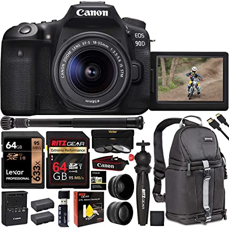 Canon EOS 90D DSLR Camera with 18-55mm Lens (3616C009), 4K Video, Vivitar Sling Bag, Lexar U3 64GB Video Memory Card, Polaroid 64GB, Monopod, Filter Kit, Tabletop Tripod, Cleaning kit Bundle