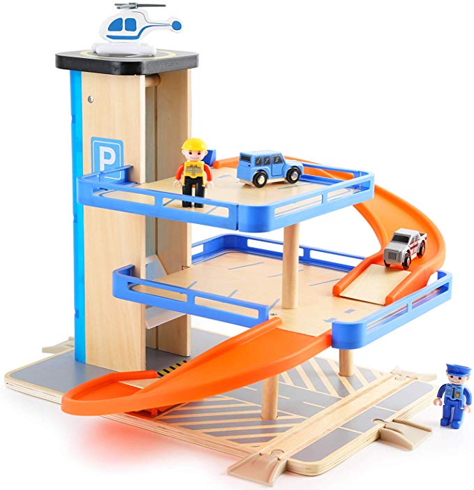 TOP BRIGHT Car Parking Garage Toy for Boys and Girls, Wooden Car Ramp Toy with Three Parking Levels and Elevator