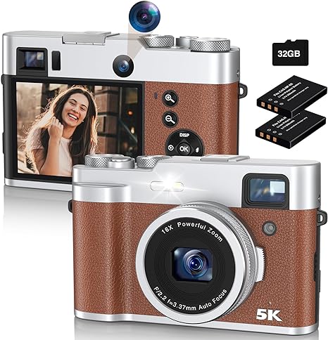 Newest 5K Digital Camera for Photography 48MP Selfie Camera with Front and Rear Dual Lens 16X Digital Zoom Compact Point and Shoot Cameras with Viewfinder, Vlogging Camera with 32G Card & 2 Batteries