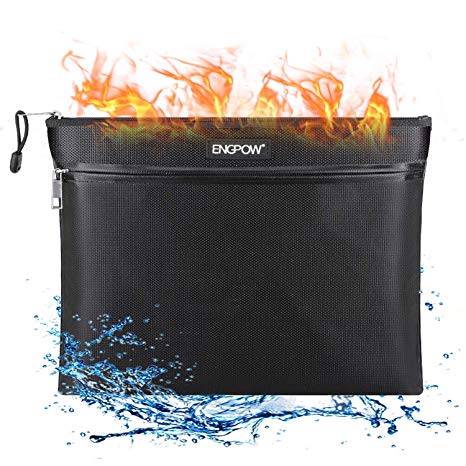 Fireproof Document Bag Two Pockets Two Zippers,ENGPOW Fireproof Safe Bag 13.4”x 10.2” Waterproof and Fireproof Money Bag Fire Safe Pouch File Storage for A4 Document Holder,Cash and Tablet