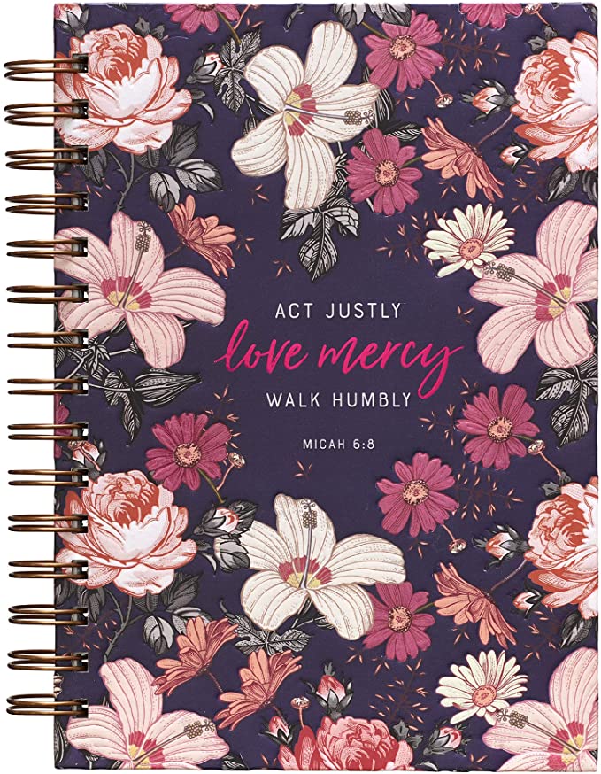 Christian Art Gifts Large Hardcover Notebook/Journal Love Mercy Walk Humbly – Micah 6:8 Bible Verse Navy Floral Inspirational Wire Bound Spiral Notebook w/192 Lined Pages, 6” x 8.25”