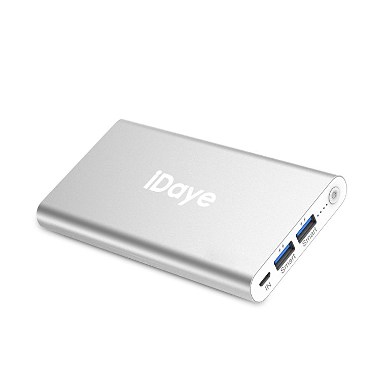 Portable Charger,iDaye External Battery Pack with 2.4A output,10000mAh Ultra High Capacity Power Bank,Aluminum Case Design,Dual USB Ports,Battery Charger with Smart Tech,Work for iPhone X/8/7plus/6s/5c/se iPad iPod Samsung Galaxy Huawei BlackBerry and more,One Year Warranty(Silver)
