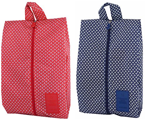 Itraveller 2 Pack Portable Waterproof Multi-function Nylon Travel Shoe Bags with Zipper Closure (Dark Blue and Red)