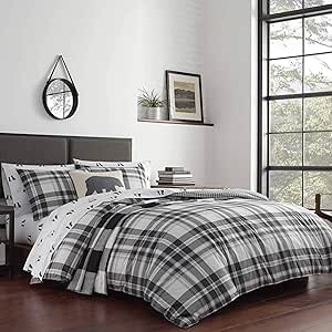 Eddie Bauer Home Coal Creek Collection 100% Cotton Soft & Cozy Premium Quality Plaid Comforter with Matching Shams, 3-Piece Bedding Set, Full/Queen, Grey