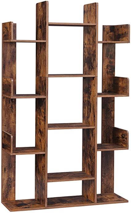 VASAGLE Bookshelf, Tree-Shaped Bookcase with 13 Storage Shelves, Rounded Corners, 33.9”L x 9.8”W x 55.1”H, Rustic Brown ULBC67BXV1