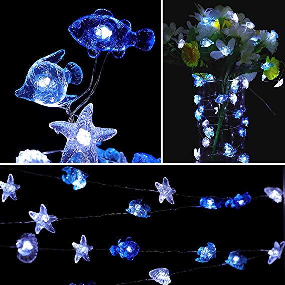 HDNICE Ocean Theme String Lights Seashell Sealife Battery Operated 8 Lighting Modes Decorative Light Strings for Bedroom Nursery Indoor Outdoor Decorations (Cold White 13.85 Ft 40 LED)
