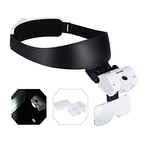 YOCTOSUN Headband Magnifier with 2 LED Lights and 5 Detachable Lenses 1X,1.5X,2X,2.5X,3.5X –Hands-Free Head Worn Lighted Magnifying Glasses for Close Work, Jewelry Work, Watch Repair, Arts & Crafts