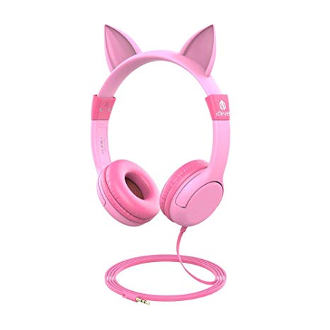 iClever BoostCare Kids Headphones, Wired Over Ear Headphones with Cat Ears, 85dB Volume Limited, Food Grade Silicone, 3.5mm Jack (HS01), Pink