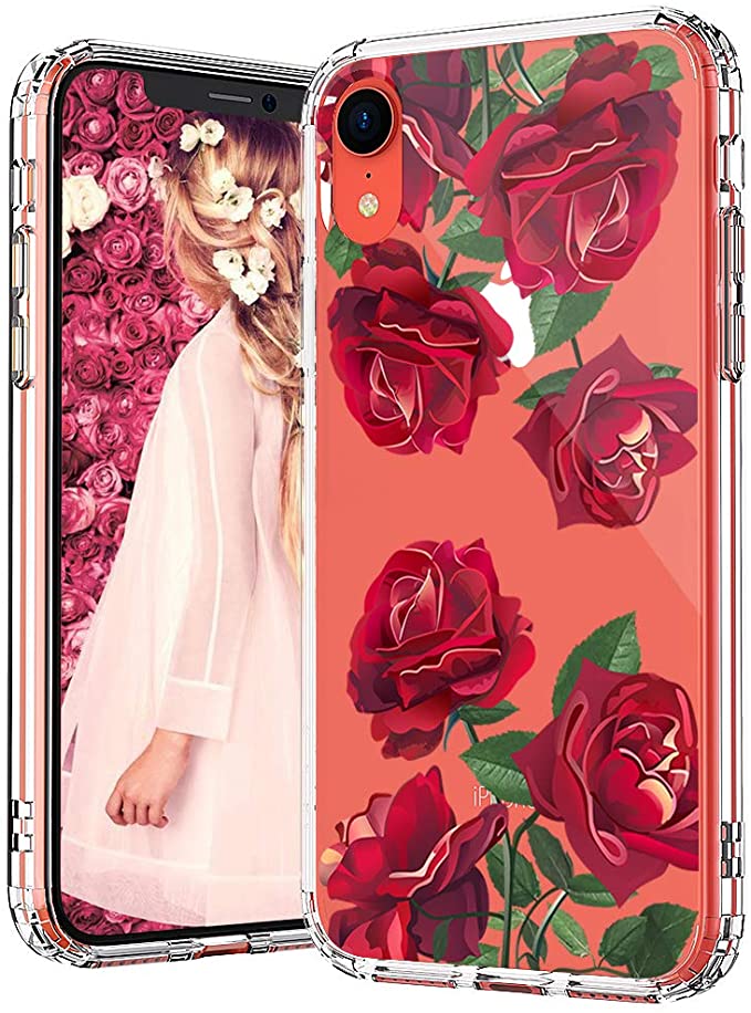 MOSNOVO iPhone XR Case, Clear iPhone XR Case, Red Roses Floral Flower Pattern Clear Design Transparent Plastic Hard Back Case with Soft TPU Bumper Protective Case Cover for Apple iPhone XR