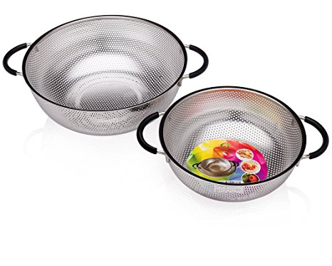 Chef O' Gadgets Colander Set of 2: Stainless Steel Micro Perforated 5-quart & 3-quart Strainers with Heat-Resistant Silicone Handles - Perfect for Pasta, Basmati Rice, Orzo, Fruits & Vegetables