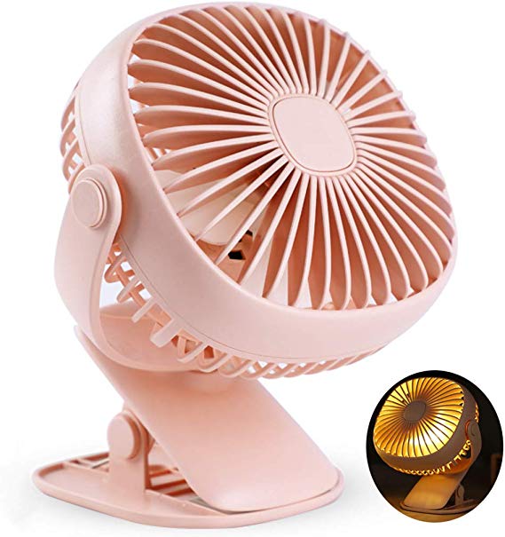 JOEAA Clip on Fan Battery Operated, Mini Desk Fan Rechargeable with LED Light USB Plug 3 Speeds Small Quiet for for Baby Stroller, Office, Bedroom - Pink